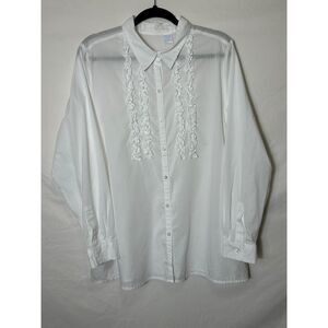 Women's Lightweight White Cotton Pinstripe Tuxedo Blouse Front Ruffles Size 18